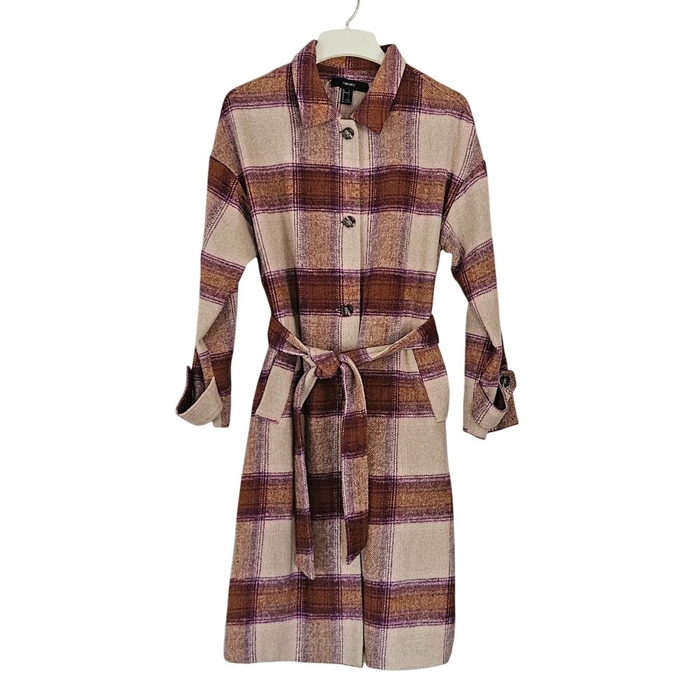 Forever 21 Long Line Plaid Jacket Belted Sz L